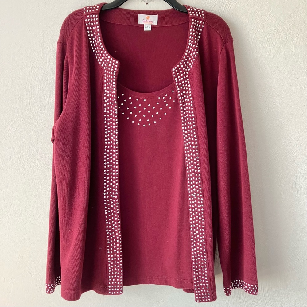 The Quacker Factory Burgundy Studded Trim Two-fer Cardigan Sweat…